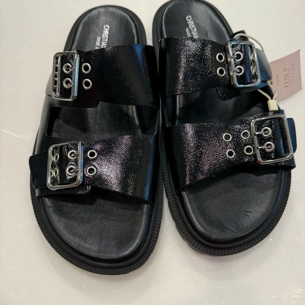Christian Di Riccio Women’s Black Patent Leather Double Buckle Sandals Sz 8.5